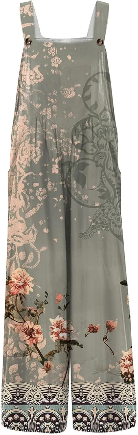 Bohemian Rompers 2025 Summer Plus Size Loose Floral Boho Printed Hippie Cotton Linen Bib Baggy Overalls Jumpsuits