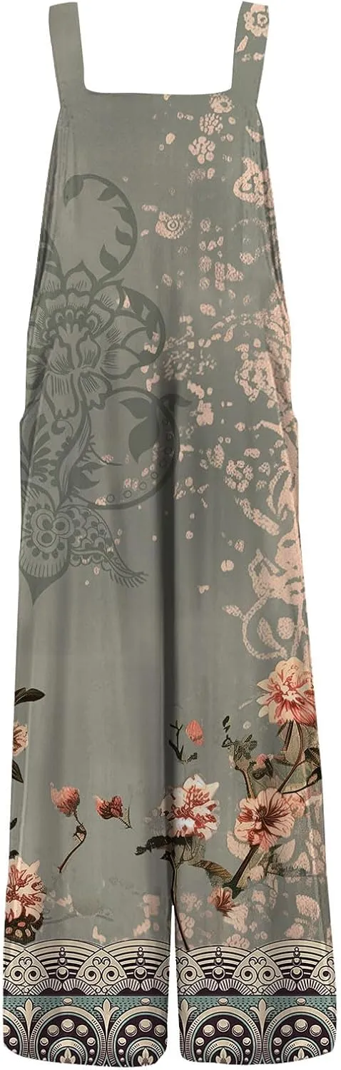 Bohemian Rompers 2025 Summer Plus Size Loose Floral Boho Printed Hippie Cotton Linen Bib Baggy Overalls Jumpsuits