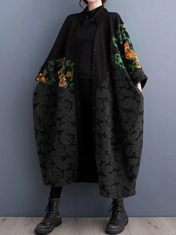 Buttoned Drawstring Flower Print Split-Joint Long Sleeves Loose Collarless Trench Coats