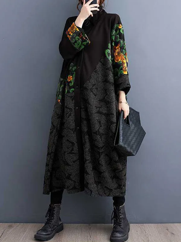 Buttoned Drawstring Flower Print Split-Joint Long Sleeves Loose Collarless Trench Coats