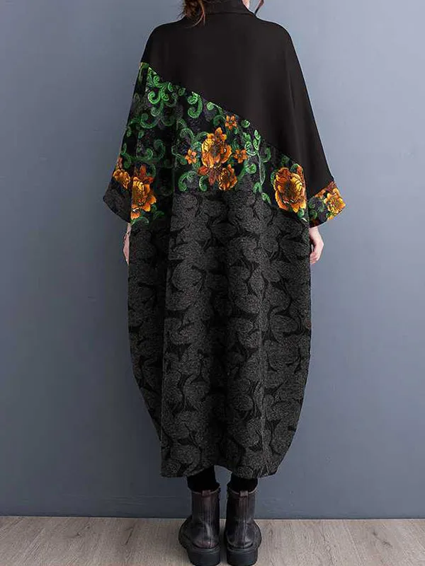 Buttoned Drawstring Flower Print Split-Joint Long Sleeves Loose Collarless Trench Coats