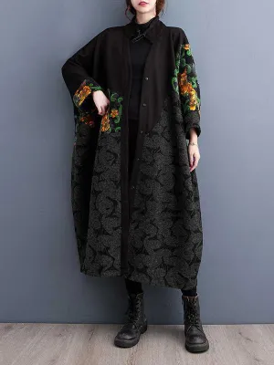Buttoned Drawstring Flower Print Split-Joint Long Sleeves Loose Collarless Trench Coats