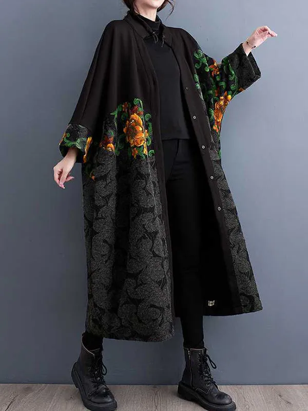 Buttoned Drawstring Flower Print Split-Joint Long Sleeves Loose Collarless Trench Coats