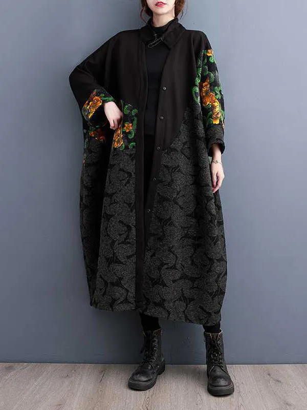 Buttoned Drawstring Flower Print Split-Joint Long Sleeves Loose Collarless Trench Coats