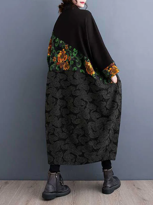 Buttoned Drawstring Flower Print Split-Joint Long Sleeves Loose Collarless Trench Coats