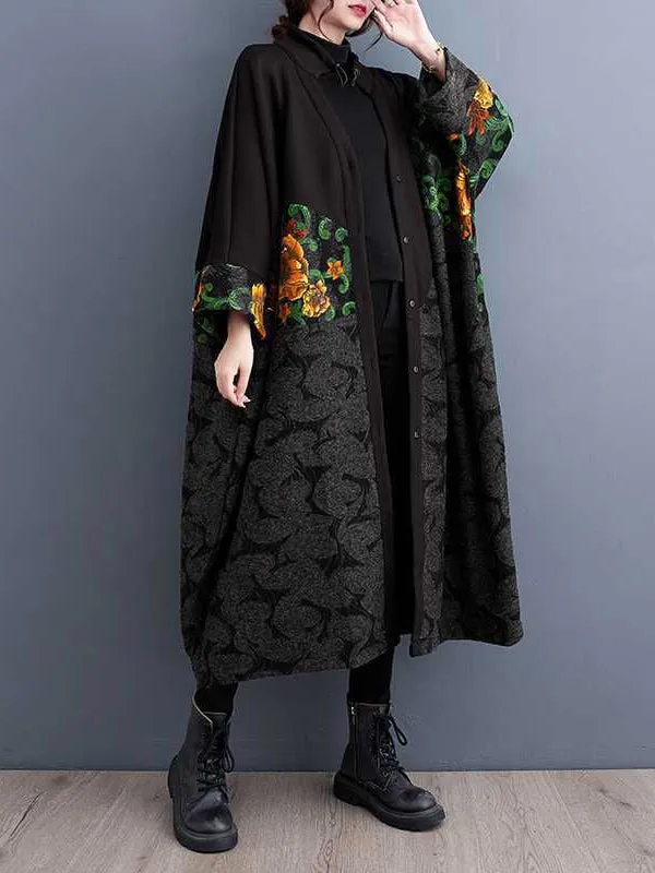 Buttoned Drawstring Flower Print Split-Joint Long Sleeves Loose Collarless Trench Coats