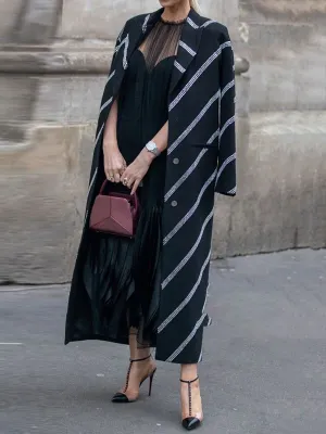 Buttoned Pockets Striped Long Sleeves Loose Notched Collar Trench Coats Outerwear
