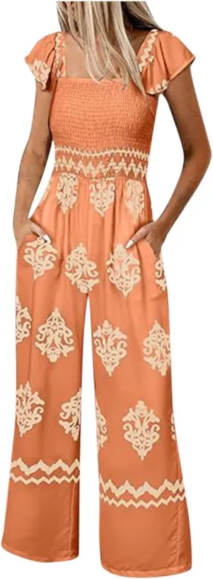 Casual Jumpsuits for Women 2025 Summer One Piece Sleeveless Print Wide Leg Rompers Beach Loose Overalls with Pockets