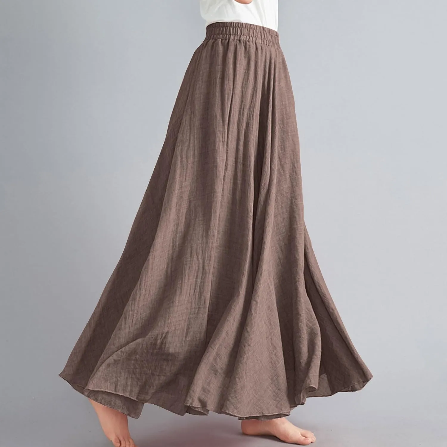 Cotton Linen Maxi Skirt for Women High Waist Flowy Beach Long SkirtsSolid Color Boho Casual Elastic Waist Summer Style