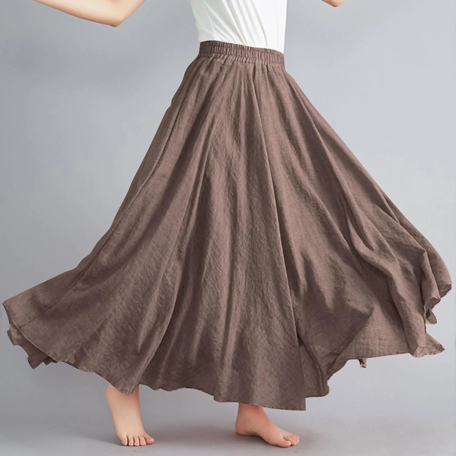Cotton Linen Maxi Skirt for Women High Waist Flowy Beach Long SkirtsSolid Color Boho Casual Elastic Waist Summer Style