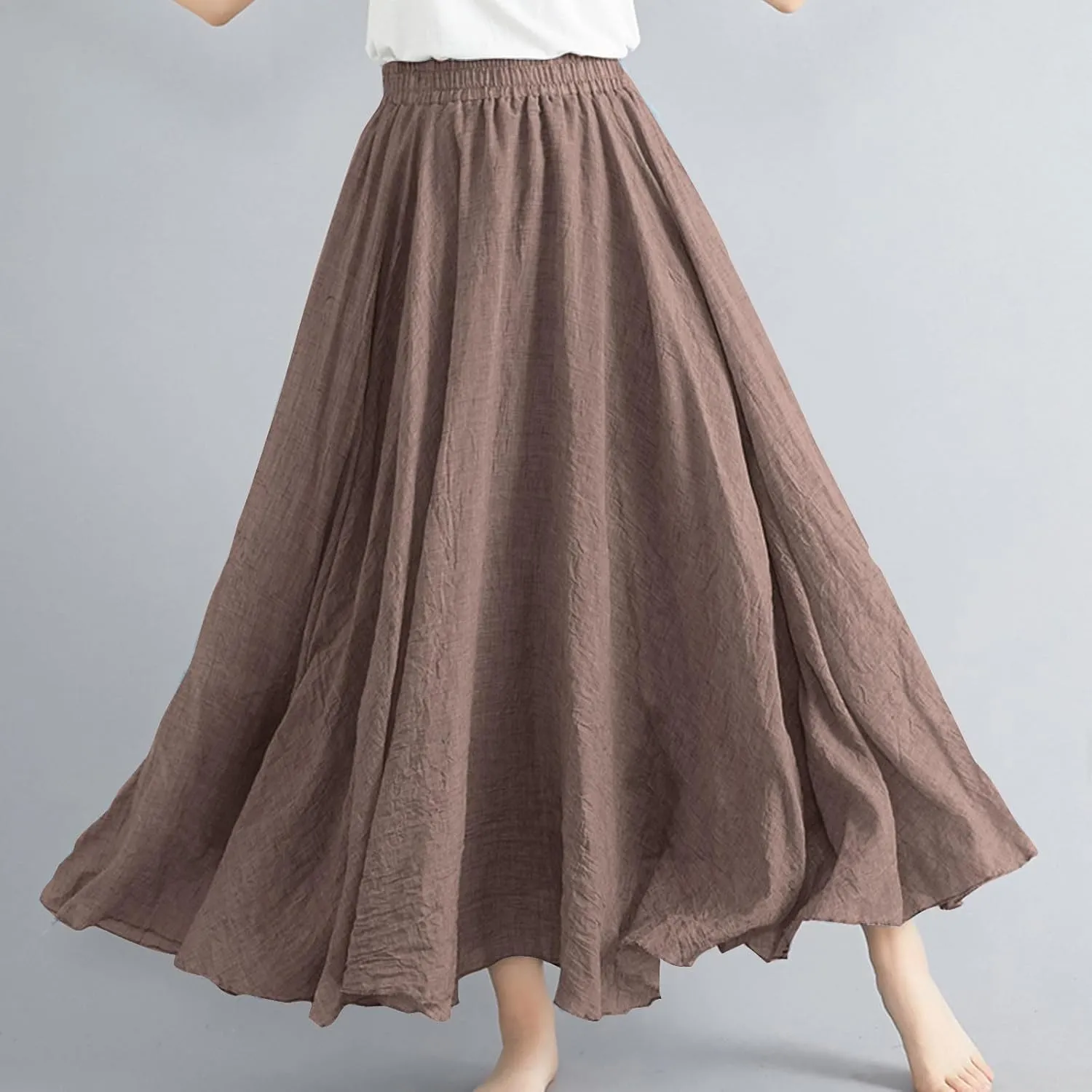Cotton Linen Maxi Skirt for Women High Waist Flowy Beach Long SkirtsSolid Color Boho Casual Elastic Waist Summer Style
