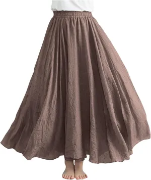 Cotton Linen Maxi Skirt for Women High Waist Flowy Beach Long SkirtsSolid Color Boho Casual Elastic Waist Summer Style
