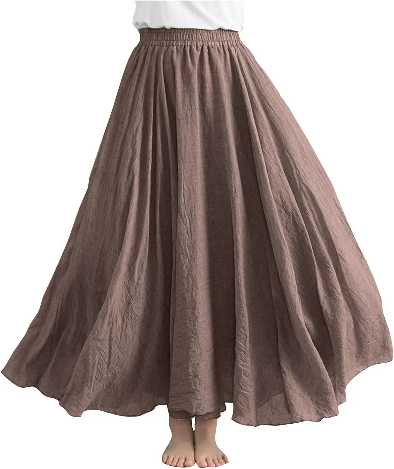 Cotton Linen Maxi Skirt for Women High Waist Flowy Beach Long SkirtsSolid Color Boho Casual Elastic Waist Summer Style