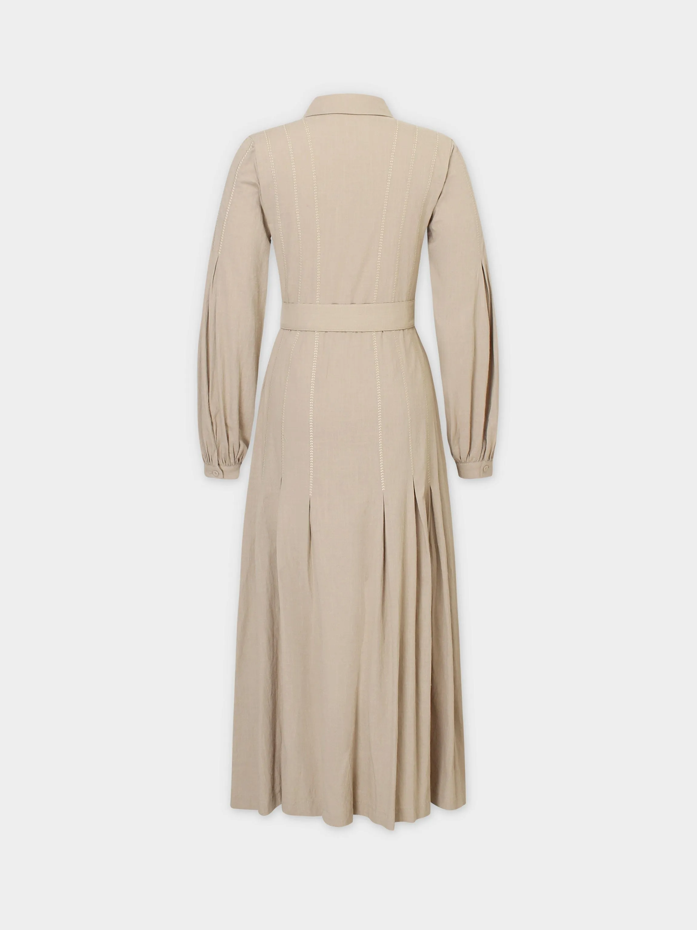 CROSS STITCH PLEATED DRESS-TAN