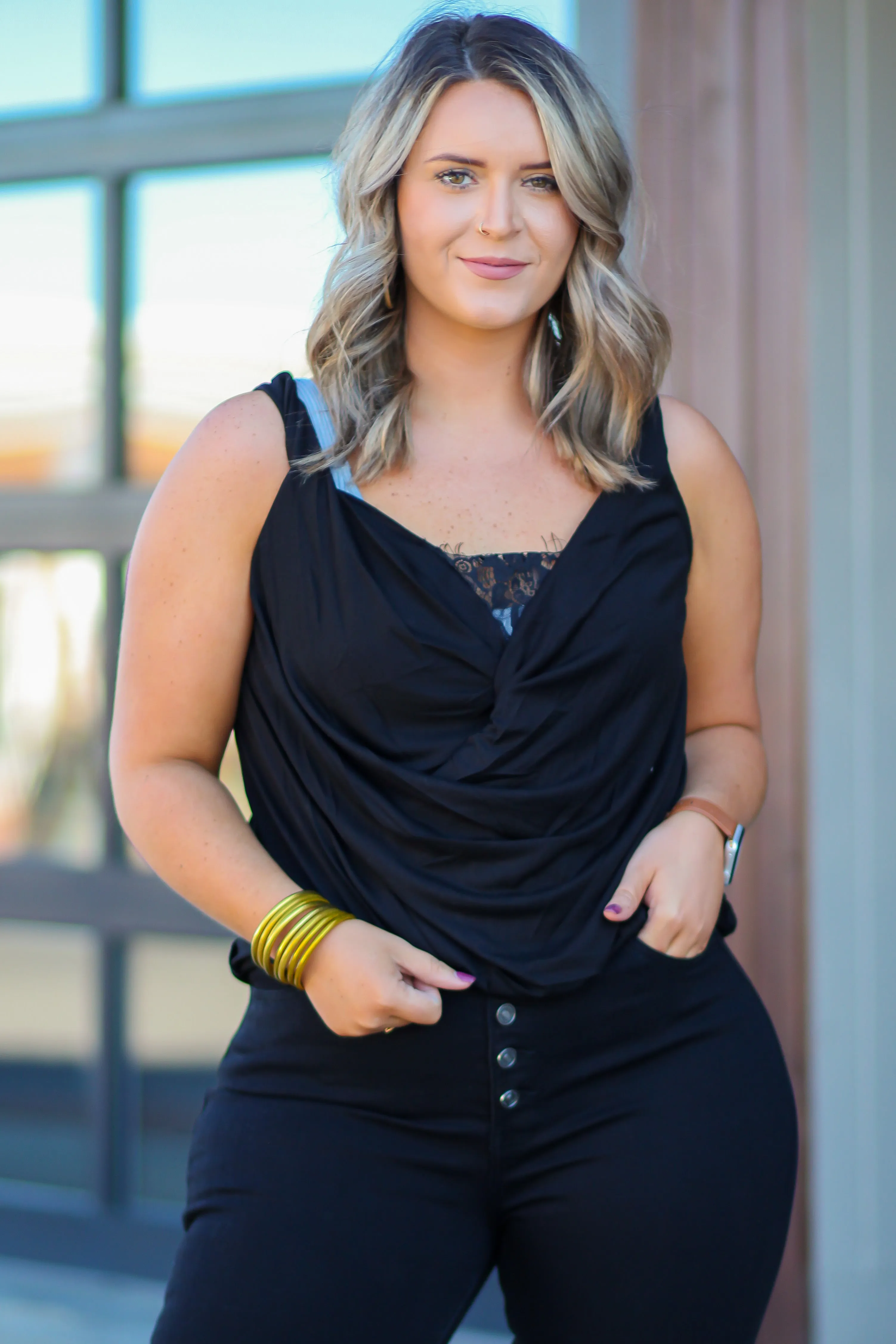 Draped Lace Detail Tank in Several Colors