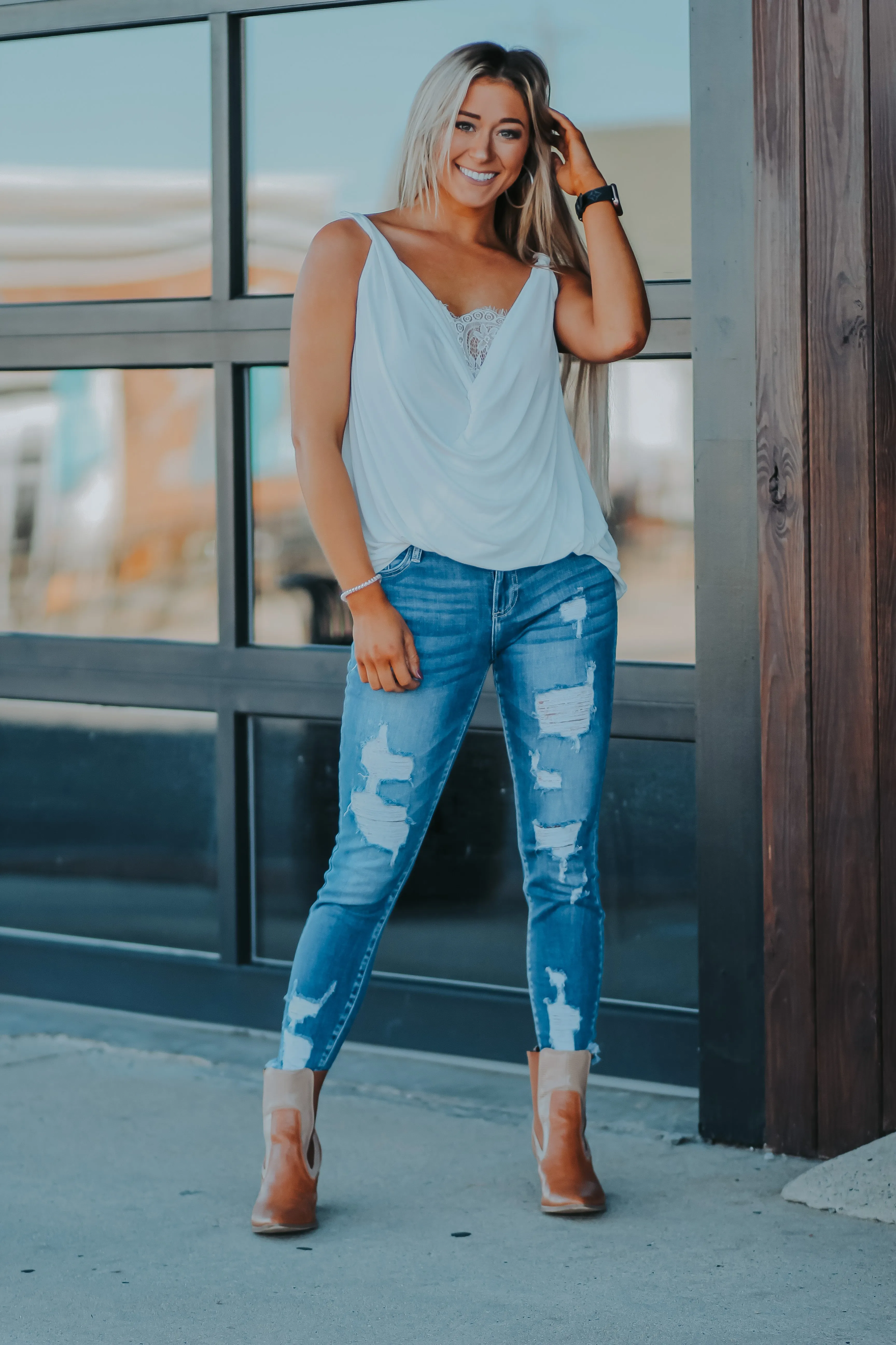 Draped Lace Detail Tank in Several Colors