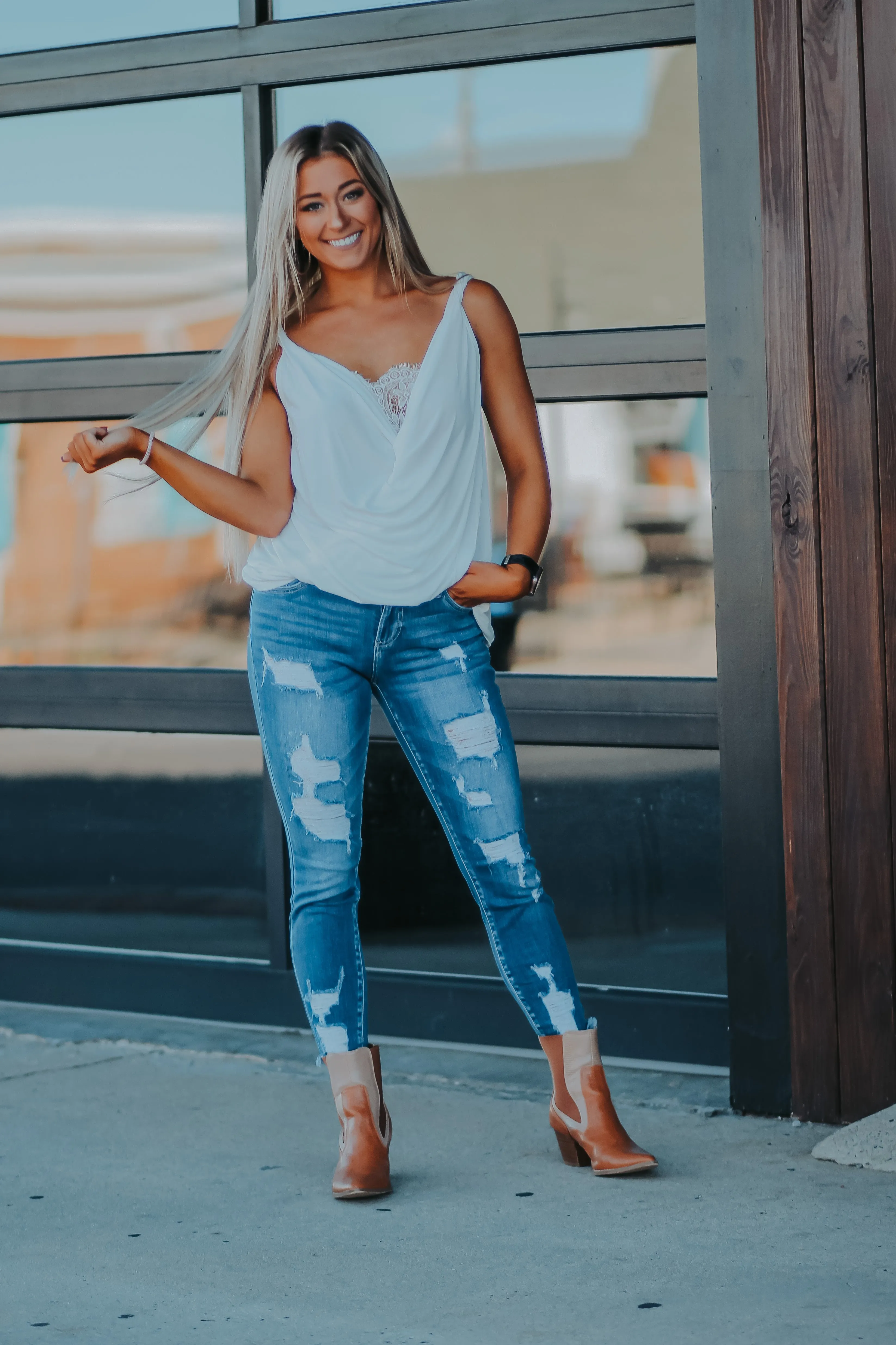 Draped Lace Detail Tank in Several Colors