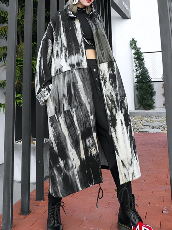 Drawstring Split-Joint Zipper Long Sleeves Loose Round-Neck Trench Coats