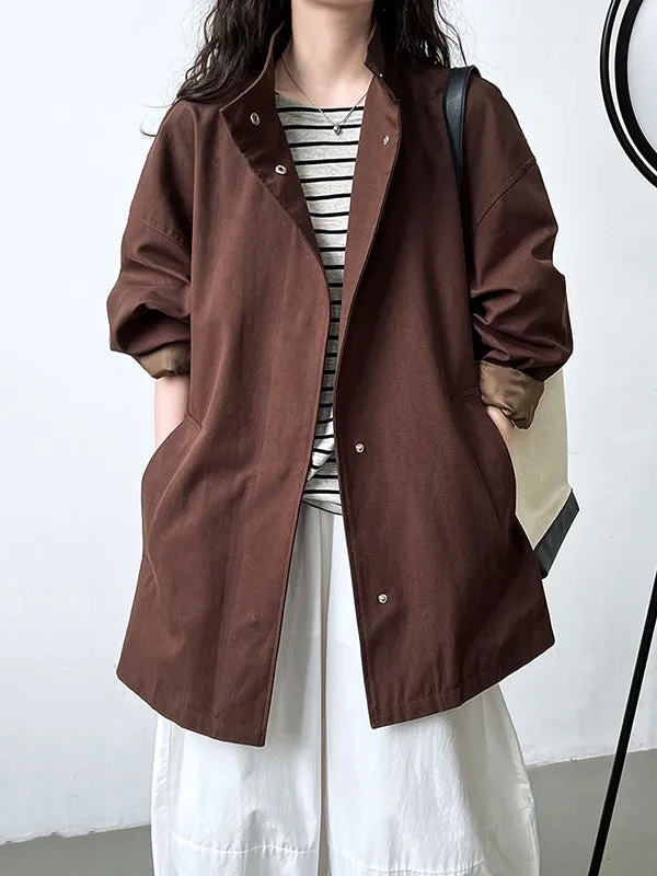 Flytonn-Winter Outfits Christmas Thanksgiving Gift New Year's Eve Outwear Long Sleeves Loose Pockets Solid Color Stand Collar Outerwear Trench Coats