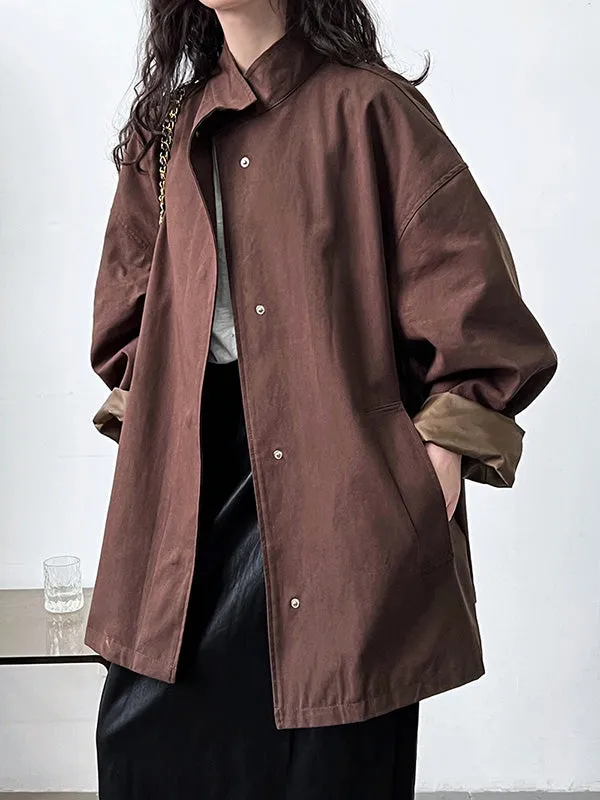 Flytonn-Winter Outfits Christmas Thanksgiving Gift New Year's Eve Outwear Long Sleeves Loose Pockets Solid Color Stand Collar Outerwear Trench Coats