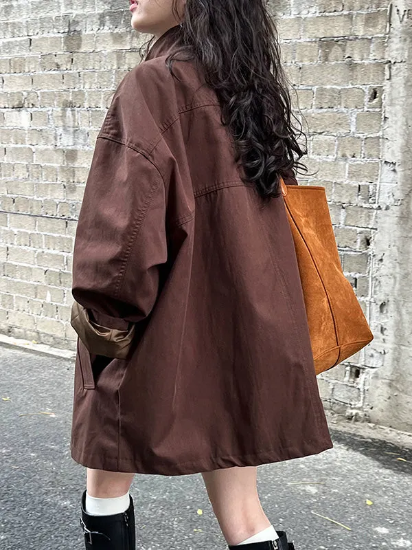 Flytonn-Winter Outfits Christmas Thanksgiving Gift New Year's Eve Outwear Long Sleeves Loose Pockets Solid Color Stand Collar Outerwear Trench Coats