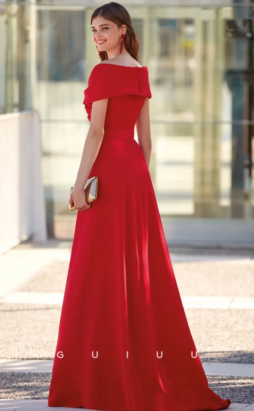 G4684 -  Elegant & Timeless Sheath Off Shoulder Red Stain Pleated Prom Dress with Train and Slit