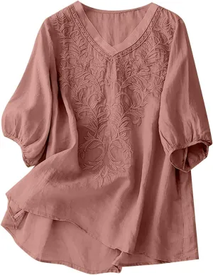 Linen Shirts for Women Crewneck Retro Blouses Floral Print 2025 Summer Tshirt Long Sleeve Loose Fit Shirt