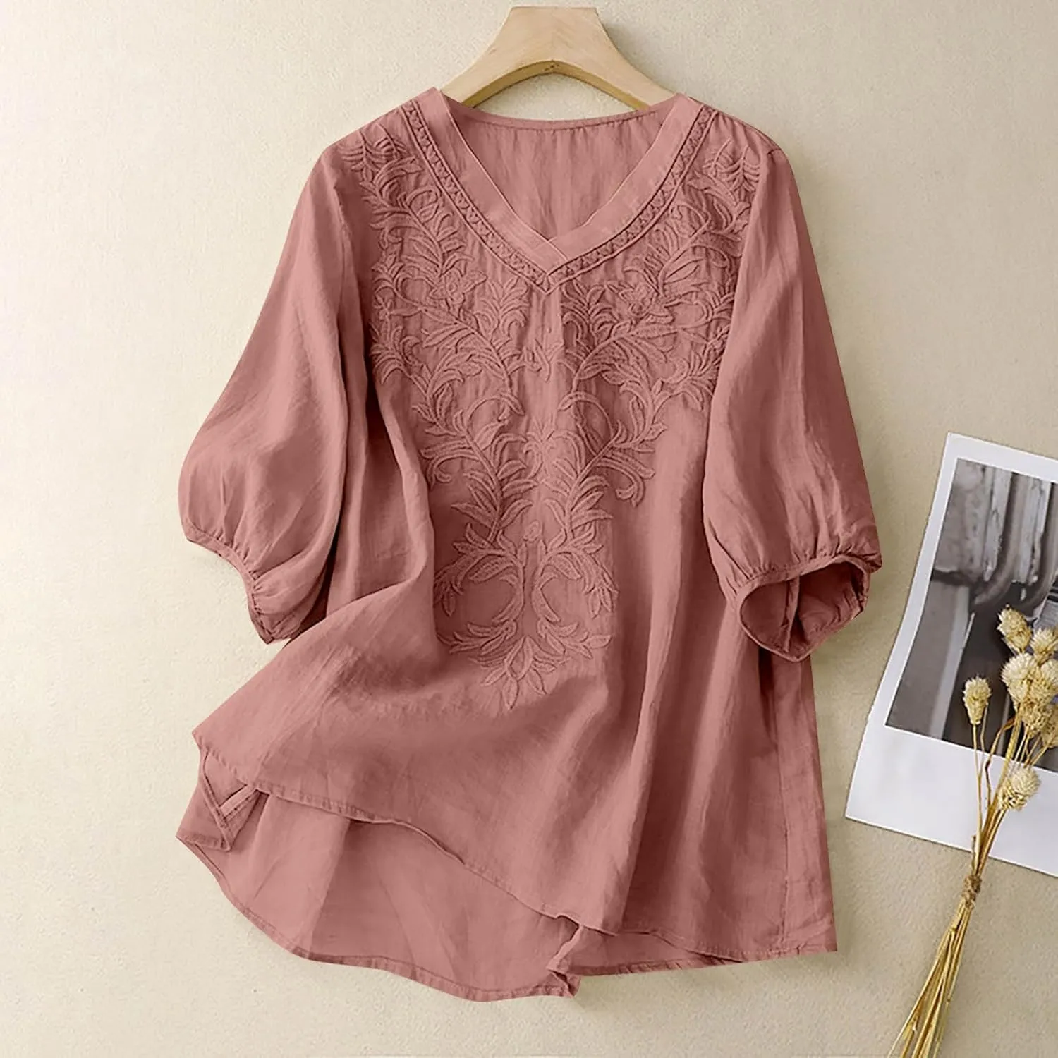 Linen Shirts for Women Crewneck Retro Blouses Floral Print 2025 Summer Tshirt Long Sleeve Loose Fit Shirt