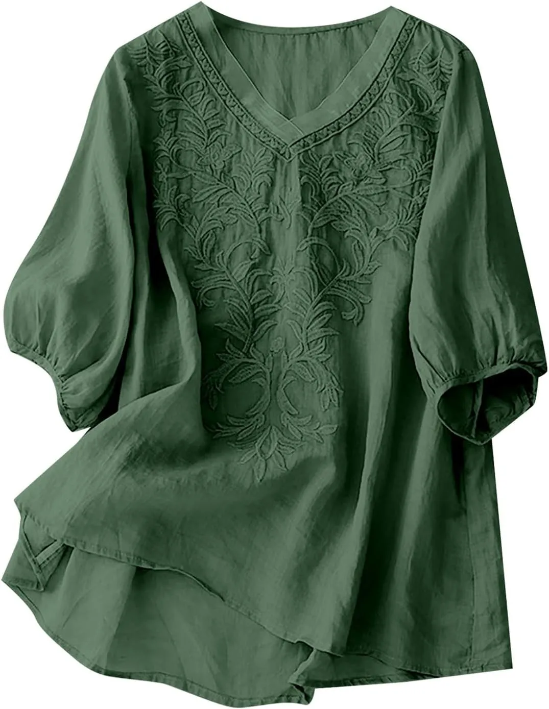 Linen Shirts for Women Crewneck Retro Blouses Floral Print 2025 Summer Tshirt Long Sleeve Loose Fit Shirt