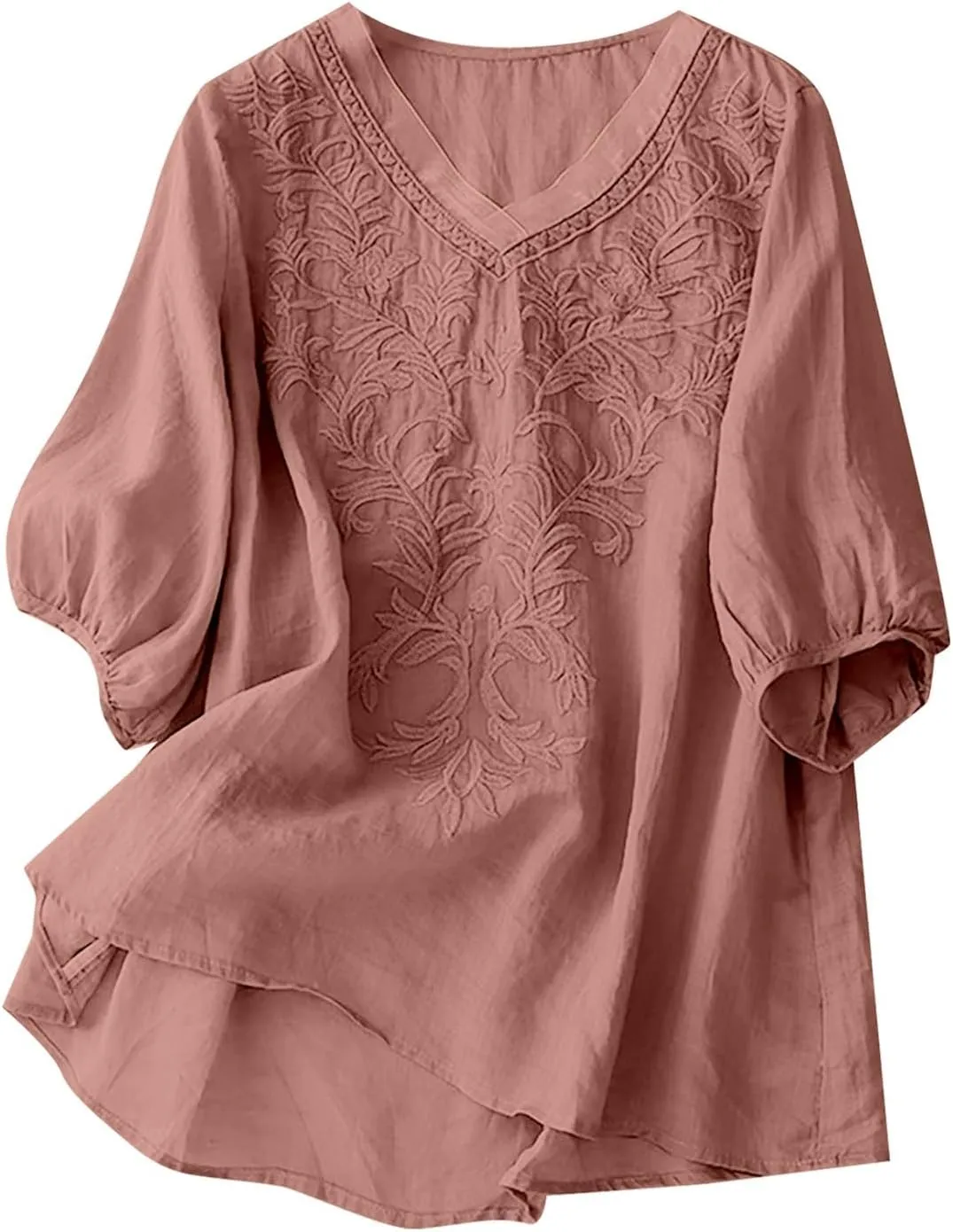 Linen Shirts for Women Crewneck Retro Blouses Floral Print 2025 Summer Tshirt Long Sleeve Loose Fit Shirt