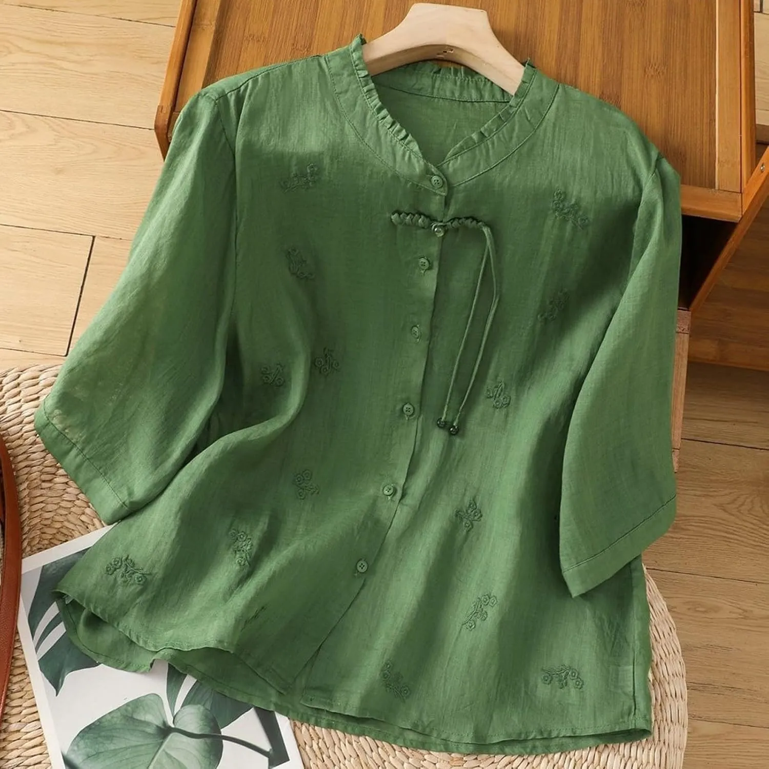 Linen Shirts for Women Crewneck Retro Blouses Floral Print 2025 Summer Tshirt Long Sleeve Loose Fit Shirt