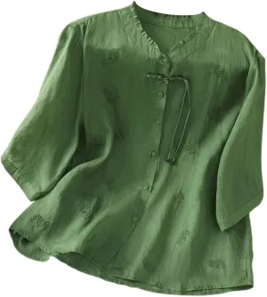 Linen Shirts for Women Crewneck Retro Blouses Floral Print 2025 Summer Tshirt Long Sleeve Loose Fit Shirt