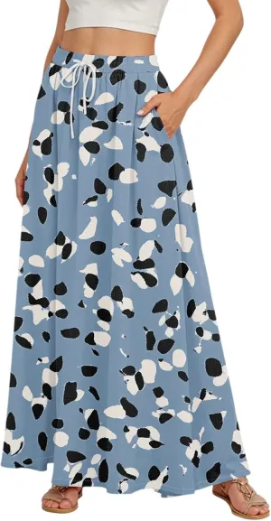Maxi Floral Flare Skirts for Women 2025 Boho High Elastic Waist Long Flowy Smocked A Line Skirt Skort with Pockets