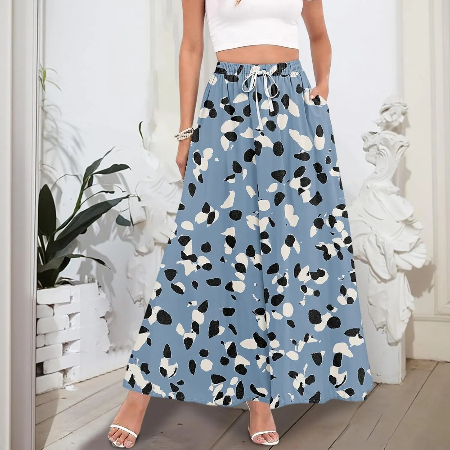 Maxi Floral Flare Skirts for Women 2025 Boho High Elastic Waist Long Flowy Smocked A Line Skirt Skort with Pockets