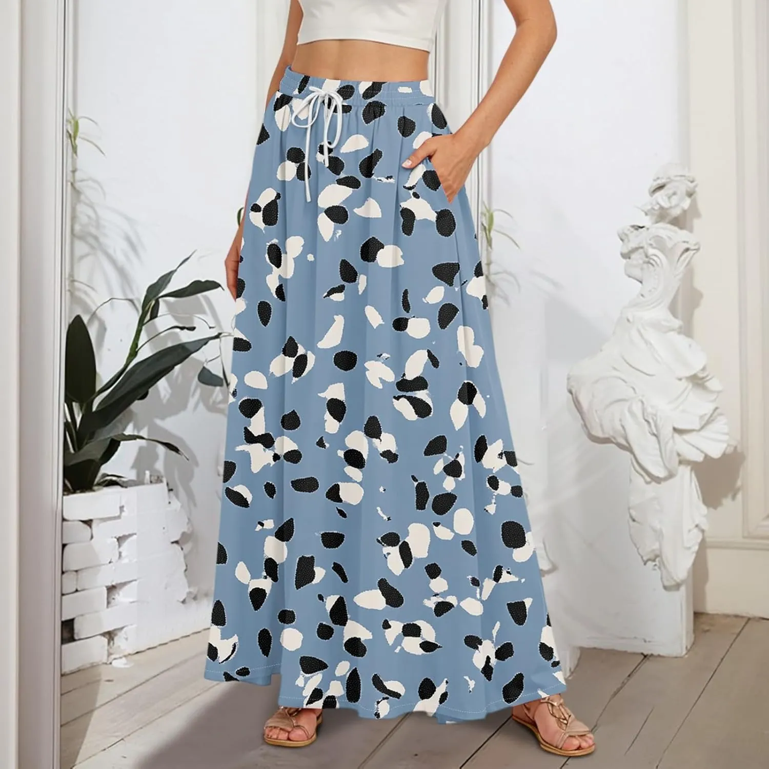 Maxi Floral Flare Skirts for Women 2025 Boho High Elastic Waist Long Flowy Smocked A Line Skirt Skort with Pockets