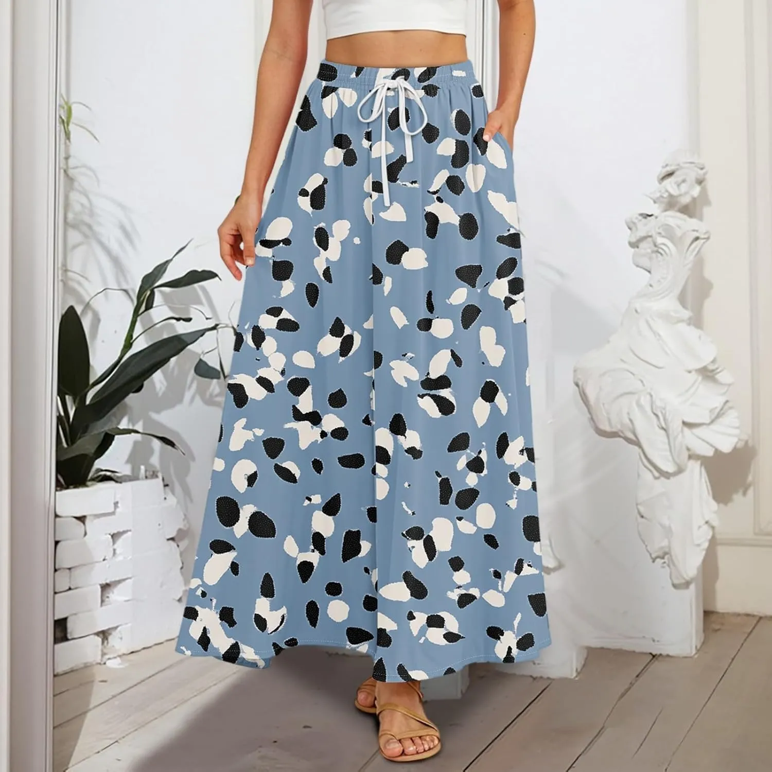 Maxi Floral Flare Skirts for Women 2025 Boho High Elastic Waist Long Flowy Smocked A Line Skirt Skort with Pockets