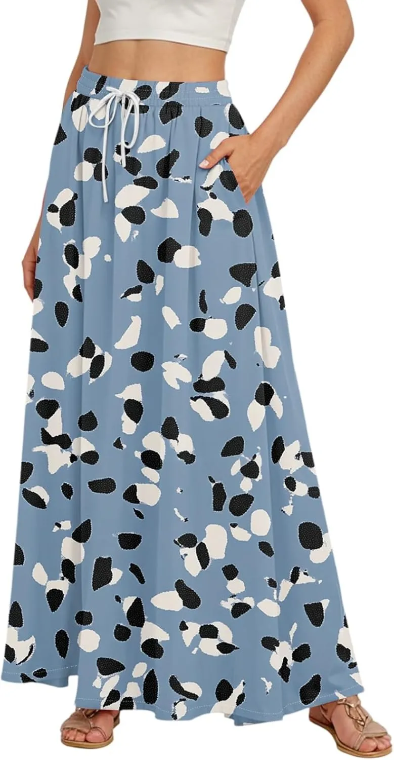 Maxi Floral Flare Skirts for Women 2025 Boho High Elastic Waist Long Flowy Smocked A Line Skirt Skort with Pockets