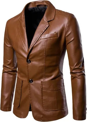 Mens PU Leather Blazer Lapel Collar 2 Buttons Moto Faux Lambskin Sport Coat Jacket Business Casual Dress Suit Coat