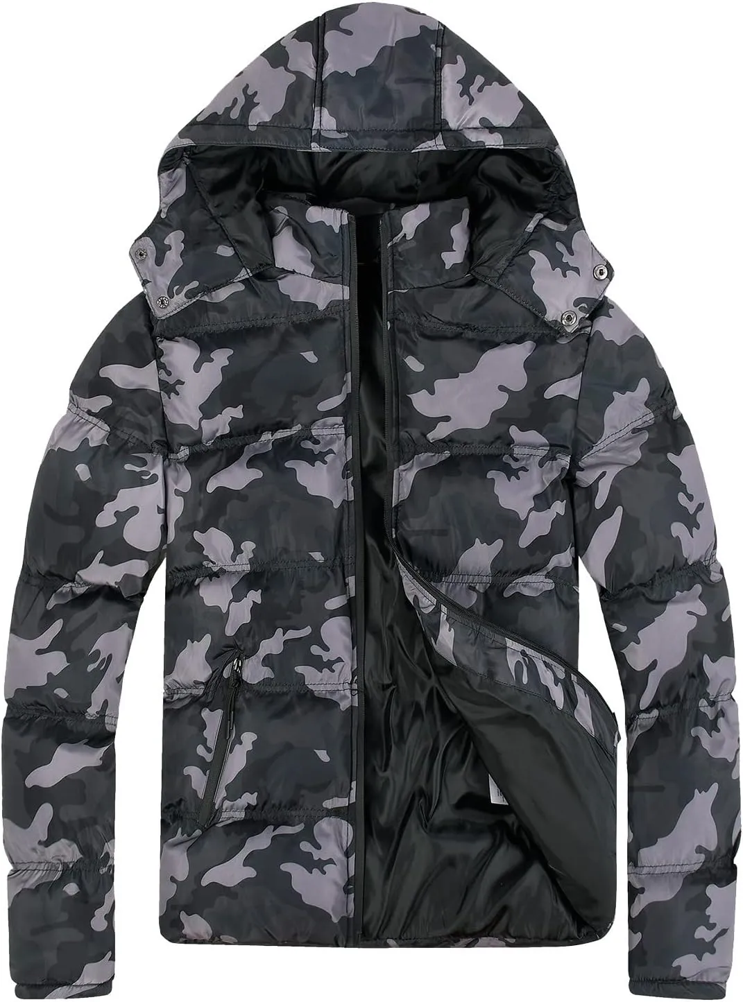 Mens Puffer Jacket with Hood Full Zip Plus Size Lightweight Warm Winter Coat Windproof Insulated Padded Quilted Down Jackets