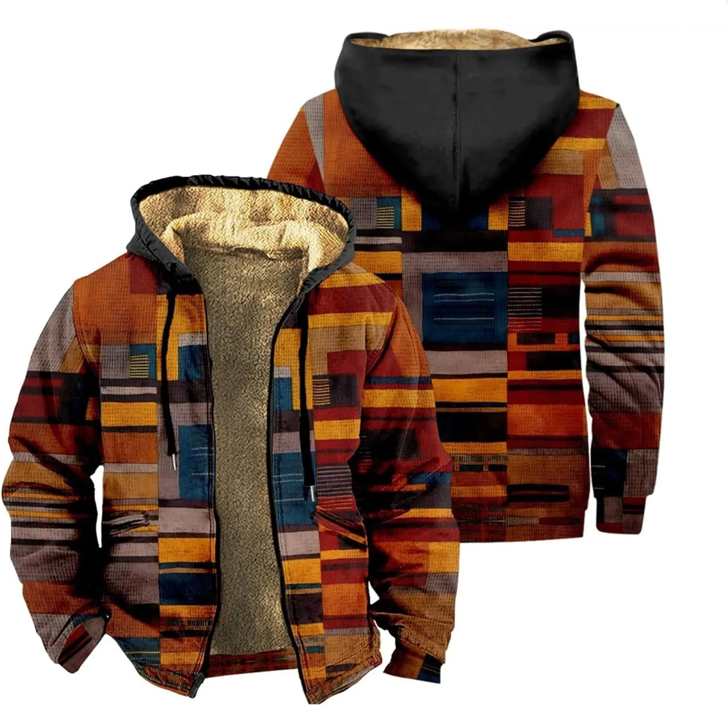 Mens Winter Fleece Jackets with Hood Plus Size Sherpa Lined Padded Warm Coats Outdoor Windproof Light Weight Chunky Jackets