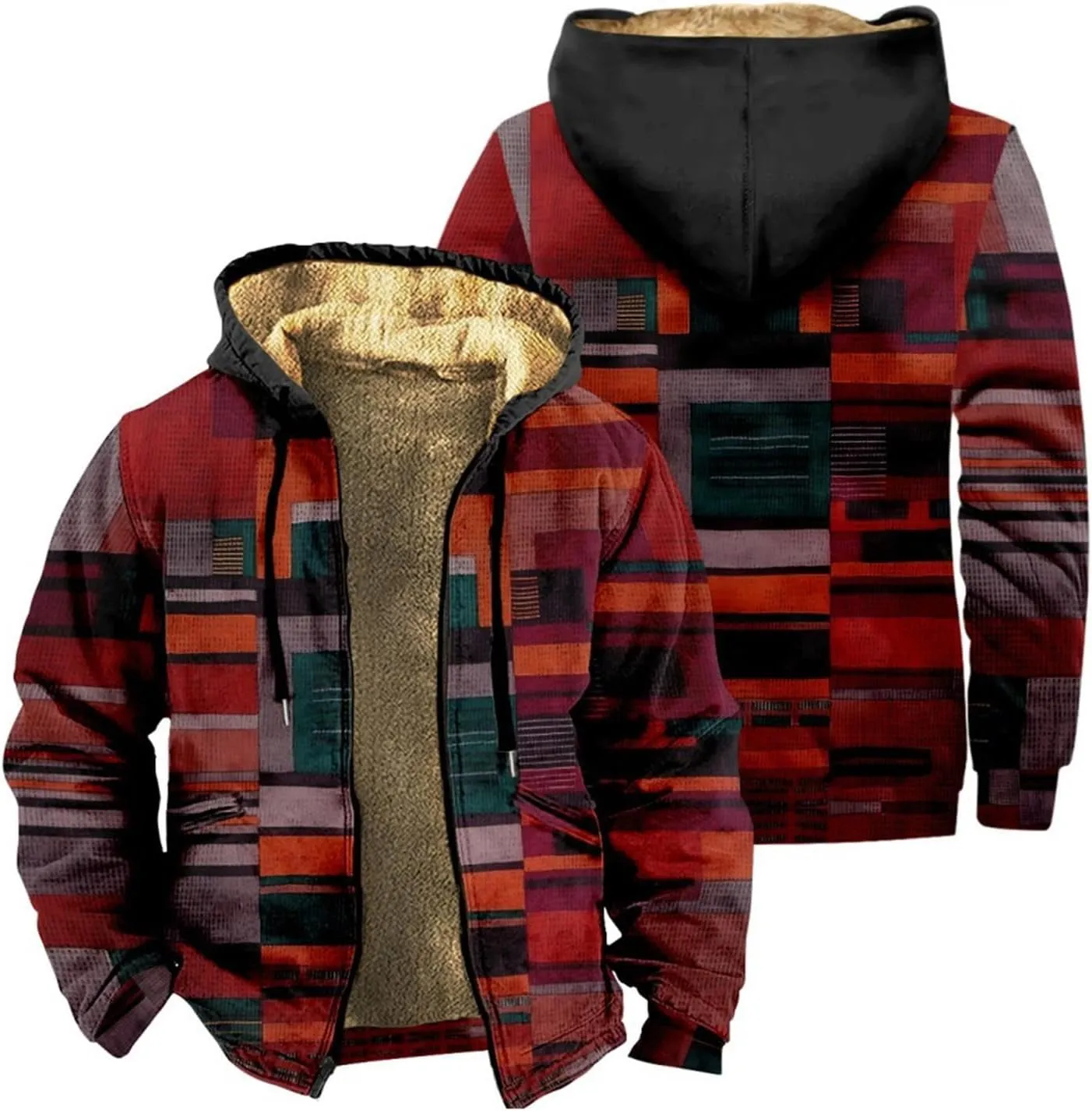 Mens Winter Fleece Jackets with Hood Plus Size Sherpa Lined Padded Warm Coats Outdoor Windproof Light Weight Chunky Jackets