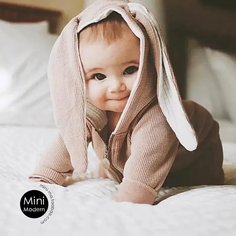 Rabbit Ear Hooded Baby Rompers^