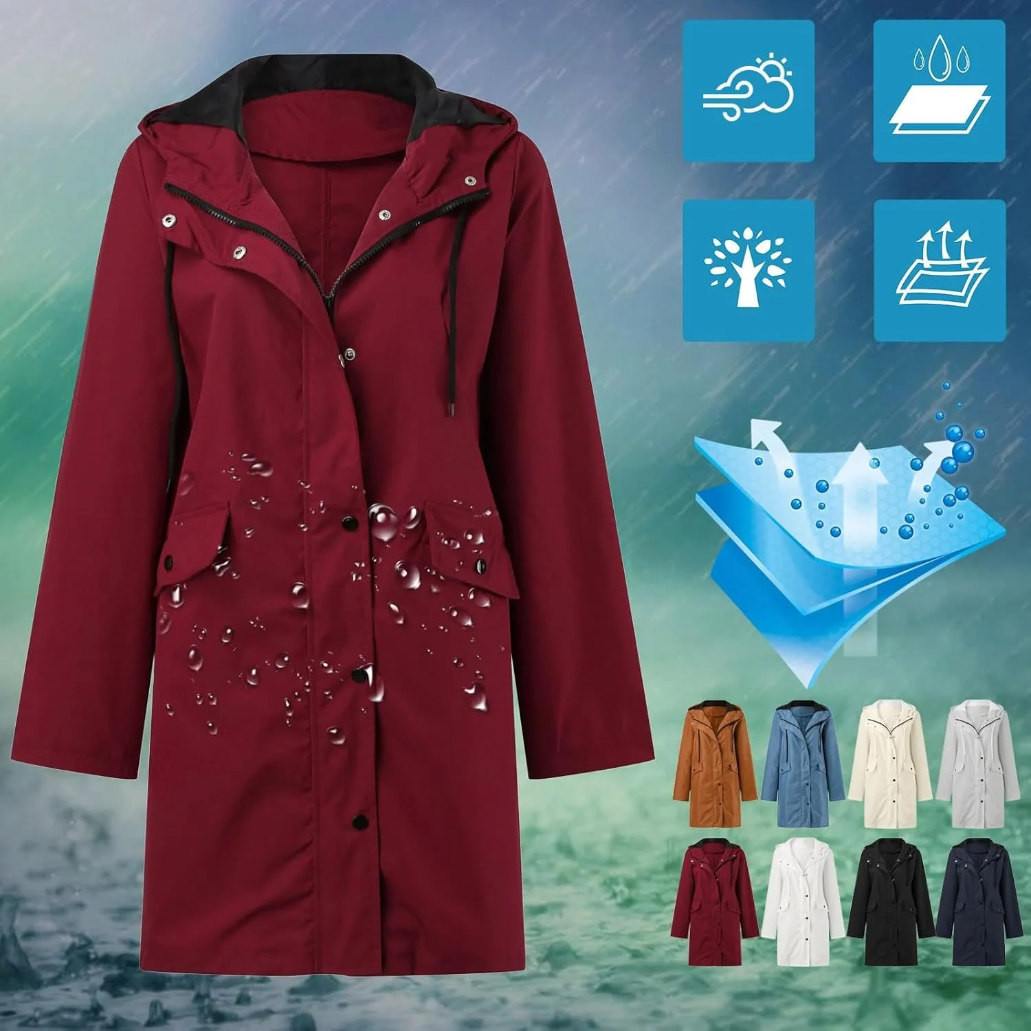 Rain Jacket Womens Waterproof with Hood, Long Rain Coat Windproof Windbreaker Outdoor Rain Trench Coat S-3XL