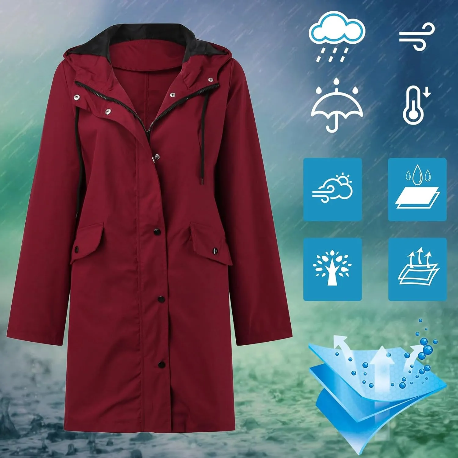 Rain Jacket Womens Waterproof with Hood, Long Rain Coat Windproof Windbreaker Outdoor Rain Trench Coat S-3XL