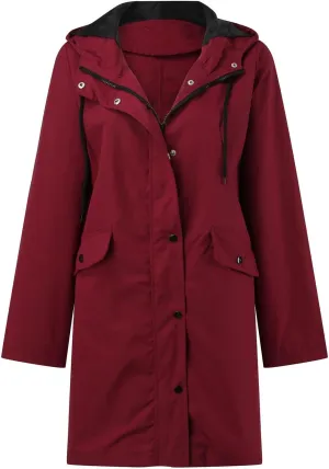 Rain Jacket Womens Waterproof with Hood, Long Rain Coat Windproof Windbreaker Outdoor Rain Trench Coat S-3XL