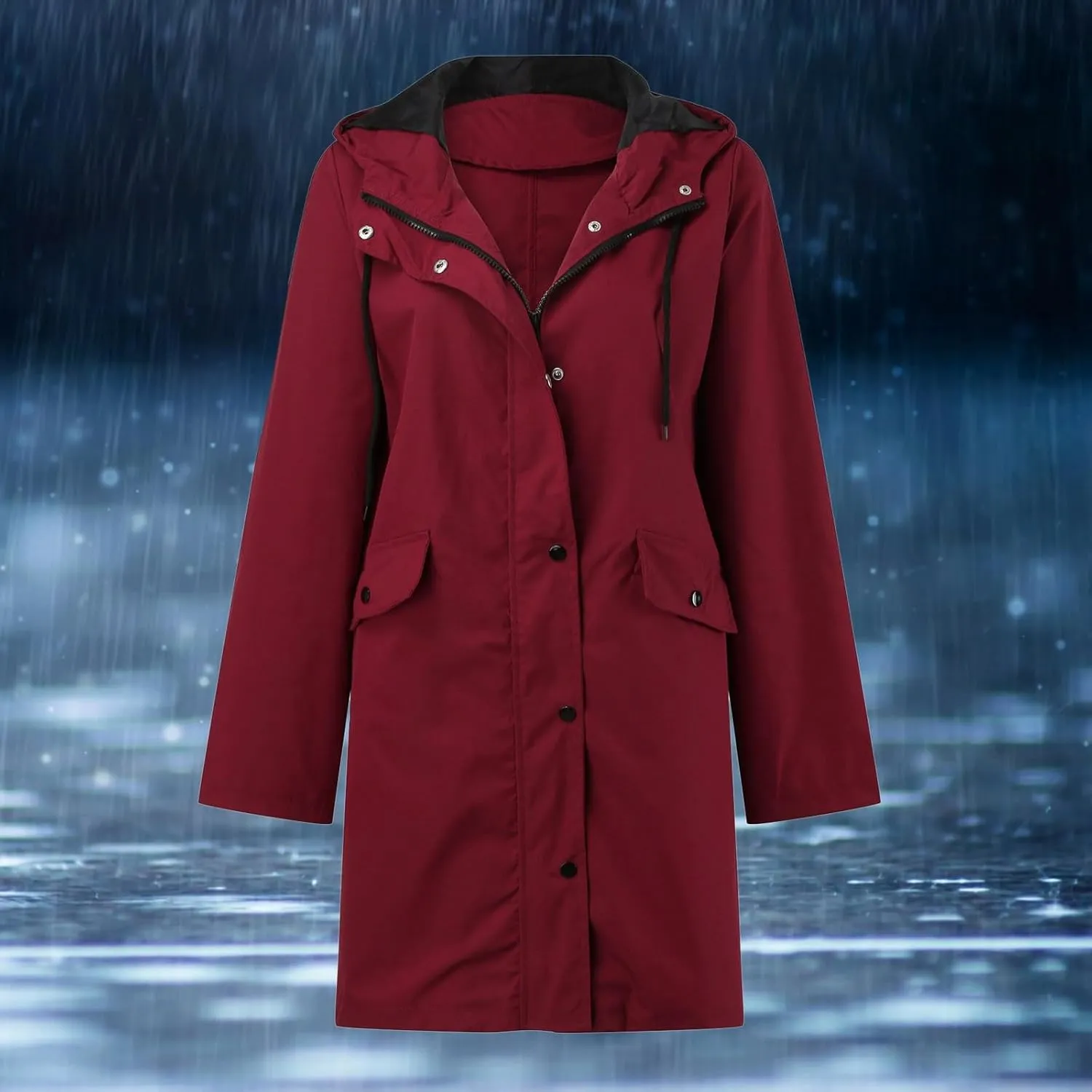 Rain Jacket Womens Waterproof with Hood, Long Rain Coat Windproof Windbreaker Outdoor Rain Trench Coat S-3XL
