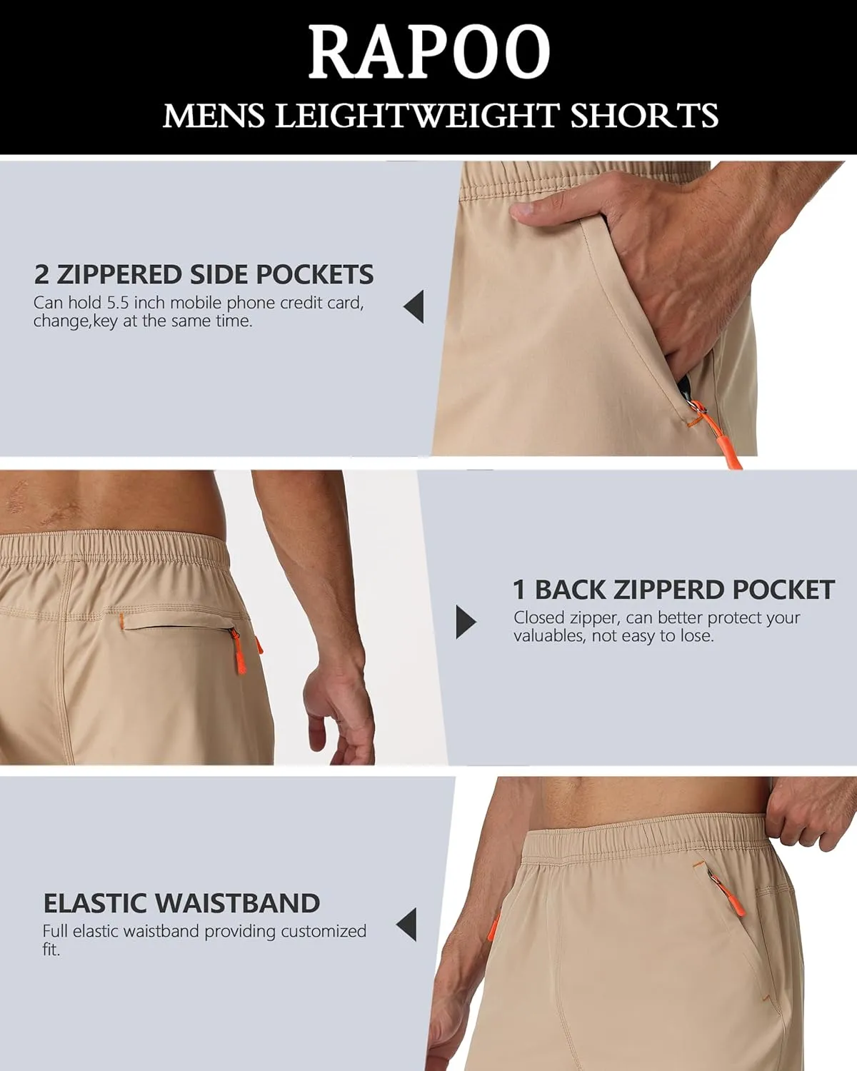 Rapoo Men's Athletic Shorts 7 Inch Inseam Water Resistant Lightweight Quick Dry Workout Shorts with Zipper Pockets