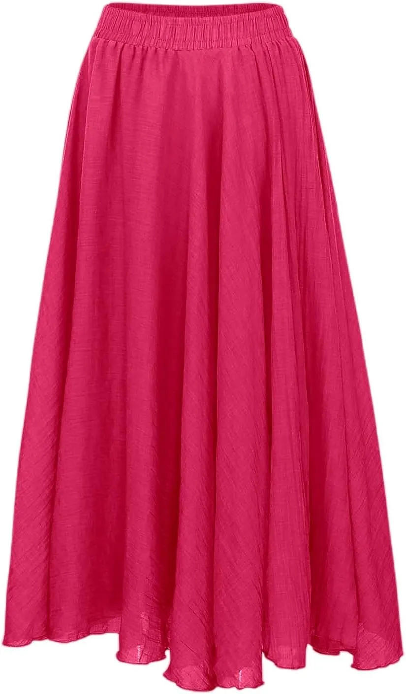 Ruffle Skirt Trendy Flared High Elastic Waist Solid Loose Pleated Long Skirts for Women Summer Vacation Clothes