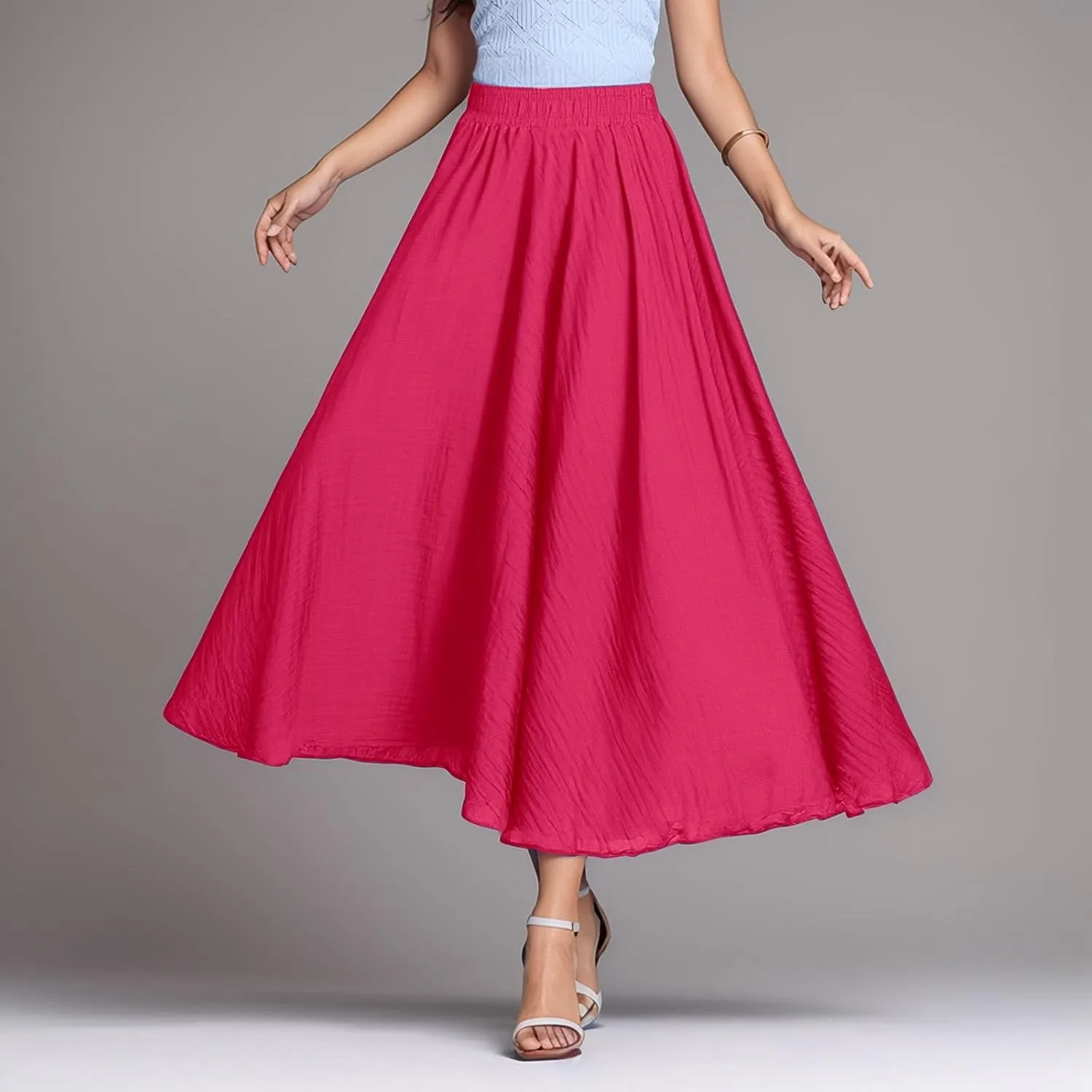 Ruffle Skirt Trendy Flared High Elastic Waist Solid Loose Pleated Long Skirts for Women Summer Vacation Clothes