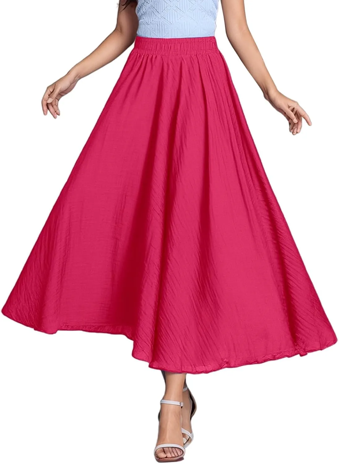 Ruffle Skirt Trendy Flared High Elastic Waist Solid Loose Pleated Long Skirts for Women Summer Vacation Clothes